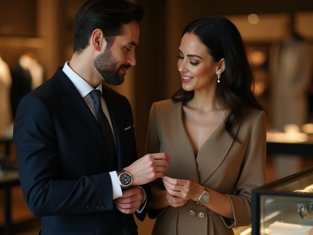 부티크에서 스타일리스트가 고객에게 개인 스타일링을 도와주는 모습